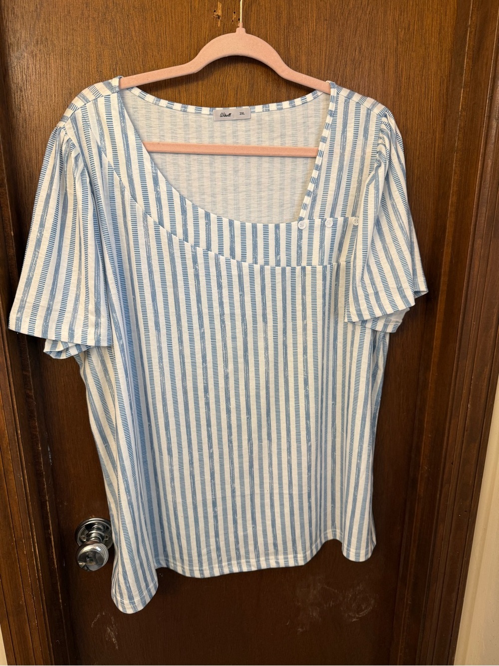 Blue and White Striped Scoop-Neck Short Sleeve Top